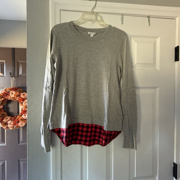 J.Crew Mercantile Woven-Hem Sweater Size S Gray Buffalo Check Plaid
