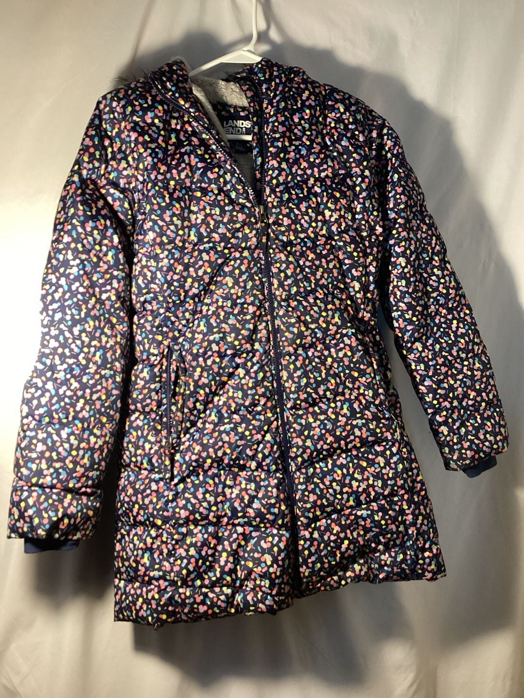 Lands' End Winter Jacket Size L 10-12 Navy Confetti Faux Fur Hood Puffer 2