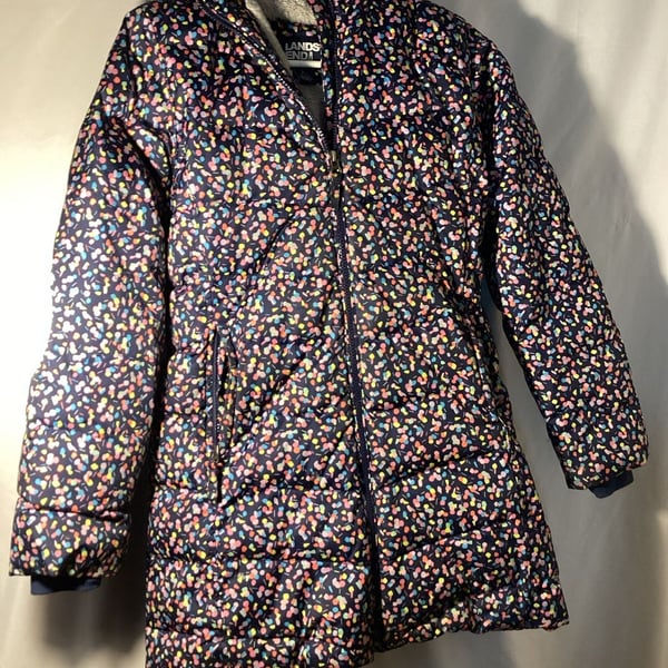 Lands' End Winter Jacket Size L 10-12 Navy Confetti Faux Fur Hood Puffer