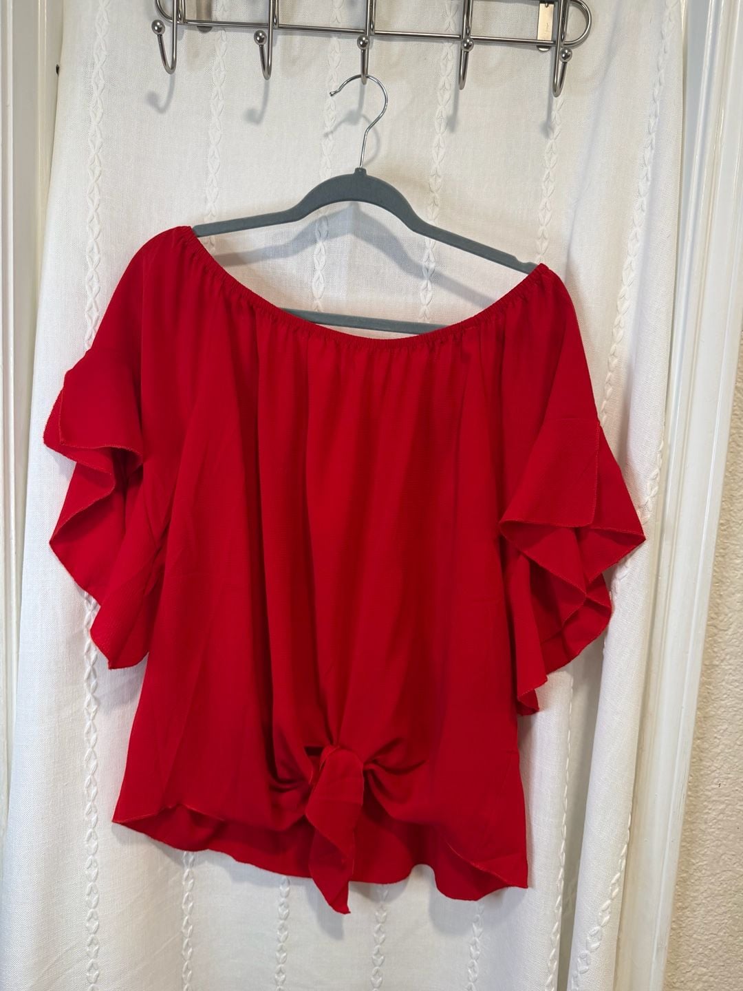 Lucky & More Womens XL Red Off Shoulder Blouse Ruffle Sleeve Tie Front Top 2