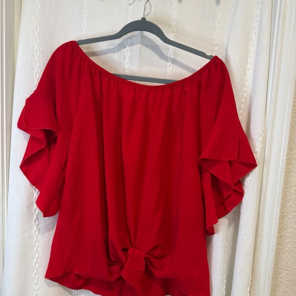 Lucky & More Womens XL Red Off Shoulder Blouse Ruffle Sleeve Tie Front Top