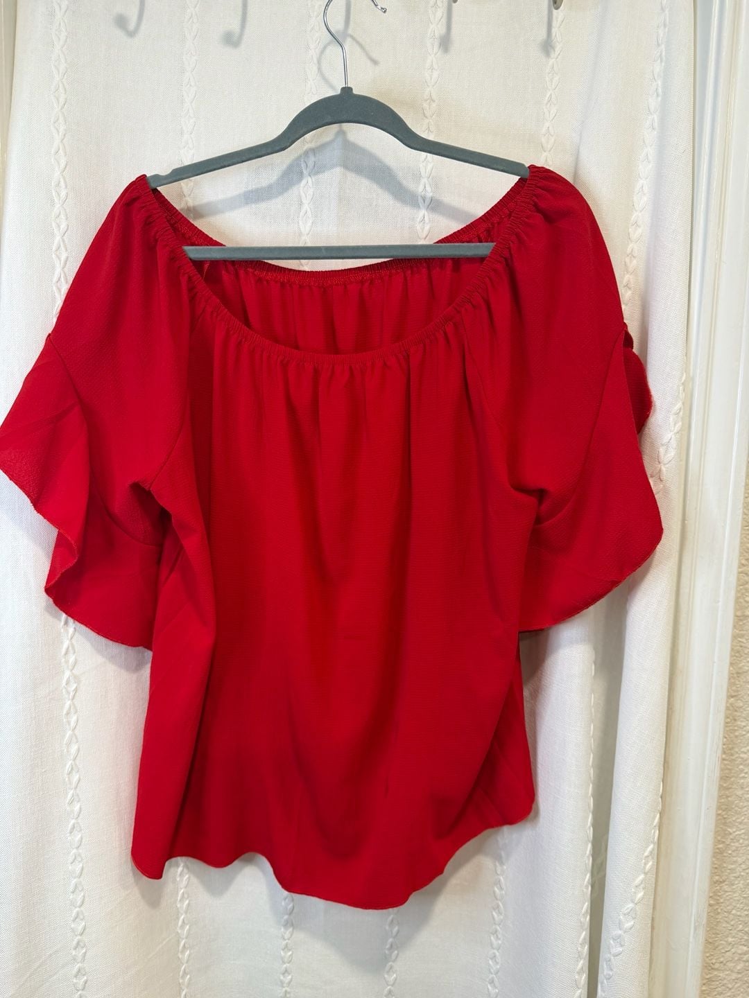 Lucky & More Womens XL Red Off Shoulder Blouse Ruffle Sleeve Tie Front Top 3