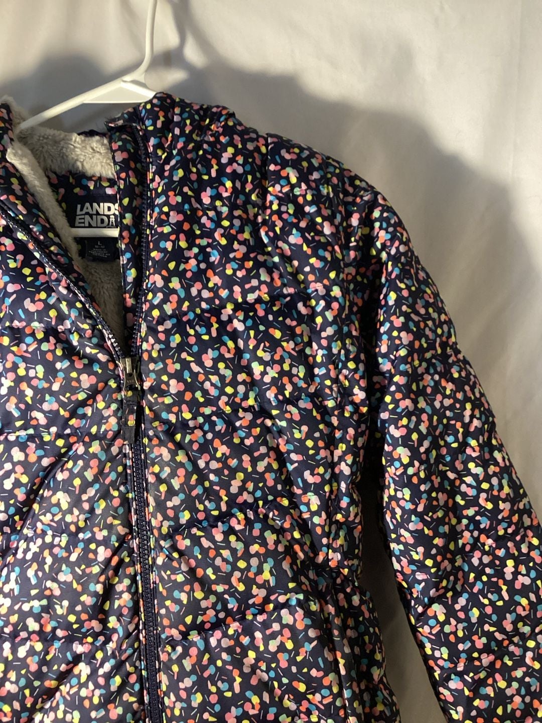 Lands' End Winter Jacket Size L 10-12 Navy Confetti Faux Fur Hood Puffer 3