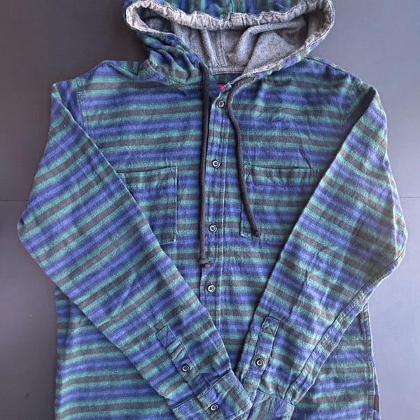 Quiksilver Hooded Flannel Shirt Size L Striped Blue Green