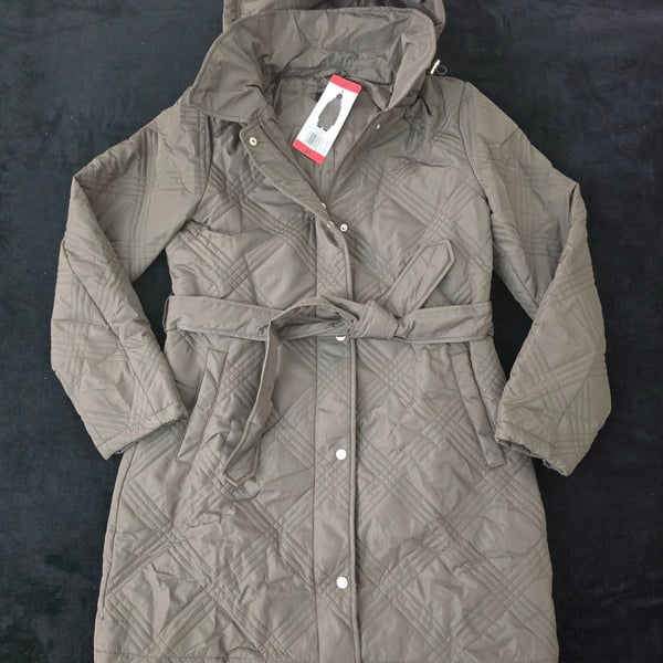 Jones New York Quilted Belted Jacket with Detachable Hood Brown Medium NWT