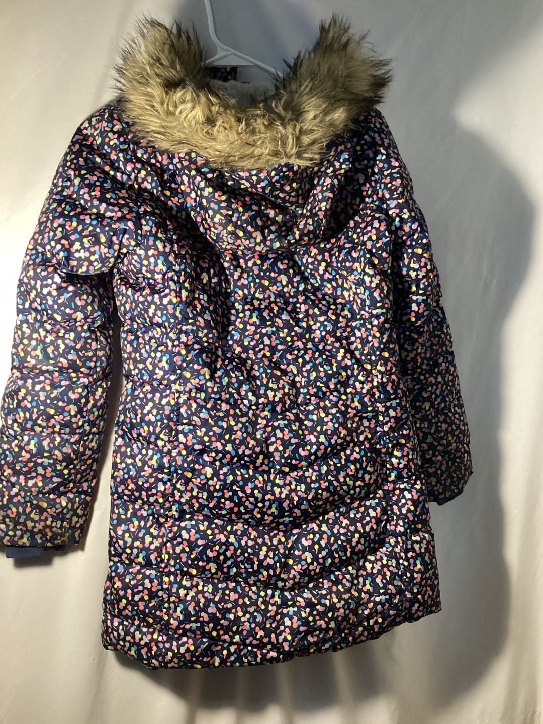 Lands' End Winter Jacket Size L 10-12 Navy Confetti Faux Fur Hood Puffer 4