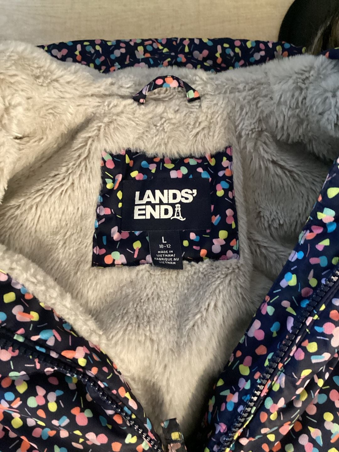 Lands' End Winter Jacket Size L 10-12 Navy Confetti Faux Fur Hood Puffer 5