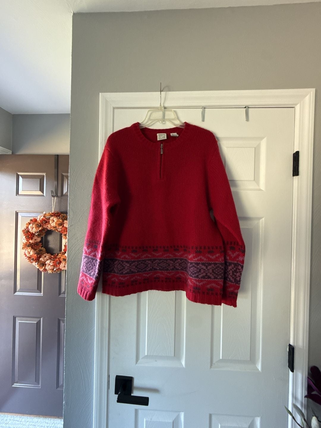Field Gear 1/4 Zip Shetland Wool Sweater Size L Red Nordic Pattern 2