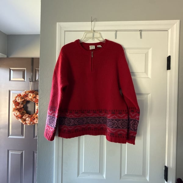 Field Gear 1/4 Zip Shetland Wool Sweater Size L Red Nordic Pattern
