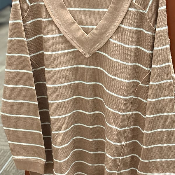 Attitudes by Renee Sweater Size 1X Brown White Stripe oversized and boxy V-Neck Jacquard