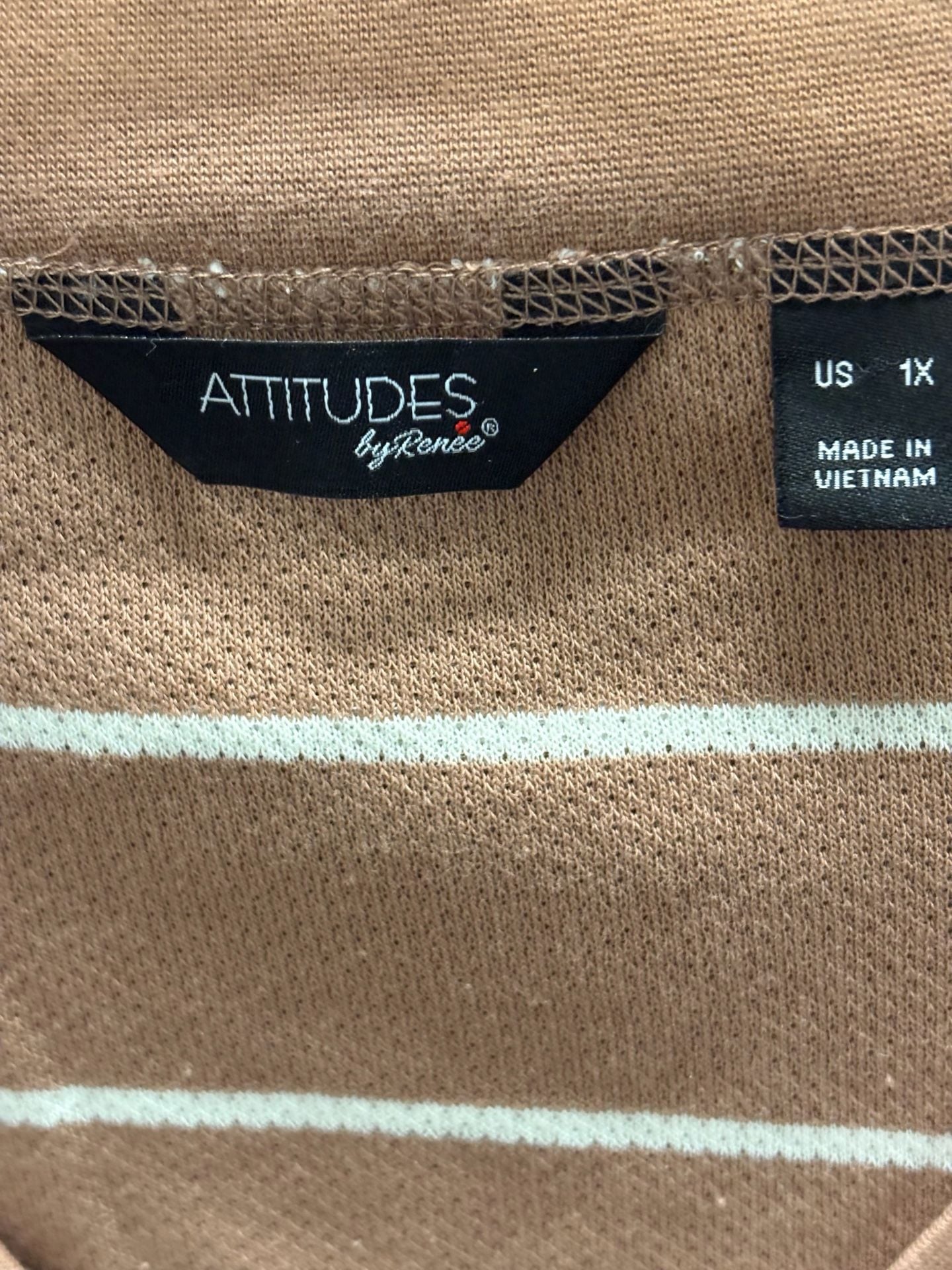 Attitudes by Renee Sweater Size 1X Brown White Stripe oversized and boxy V-Neck Jacquard 3