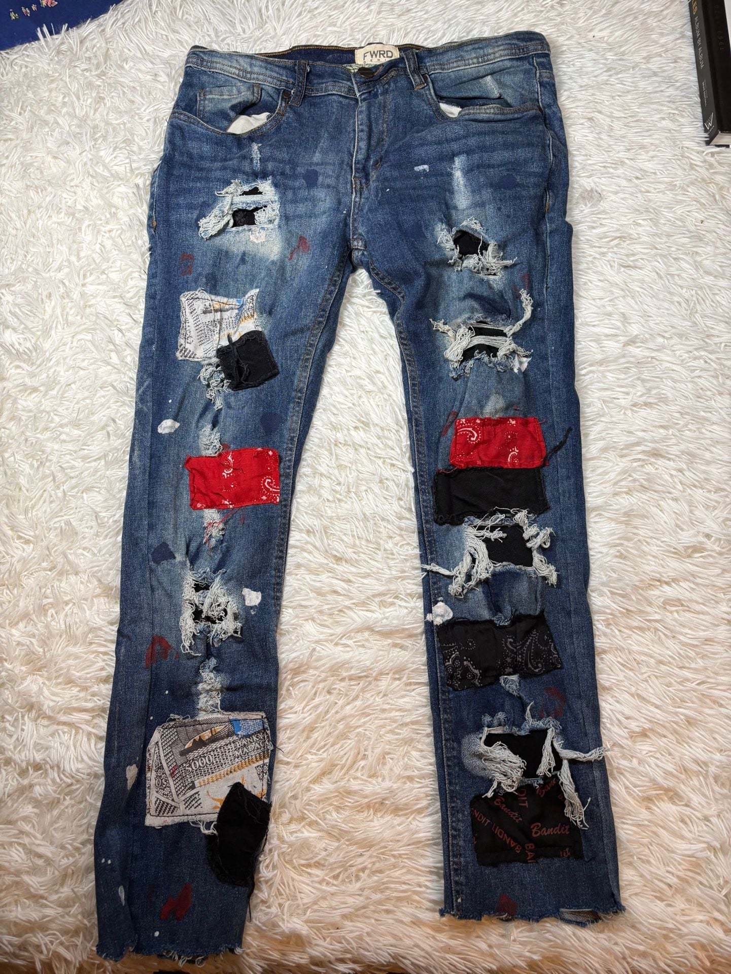 FWRD Denim Bandit Patchwork Distressed Jeans Size 34 Blue 1
