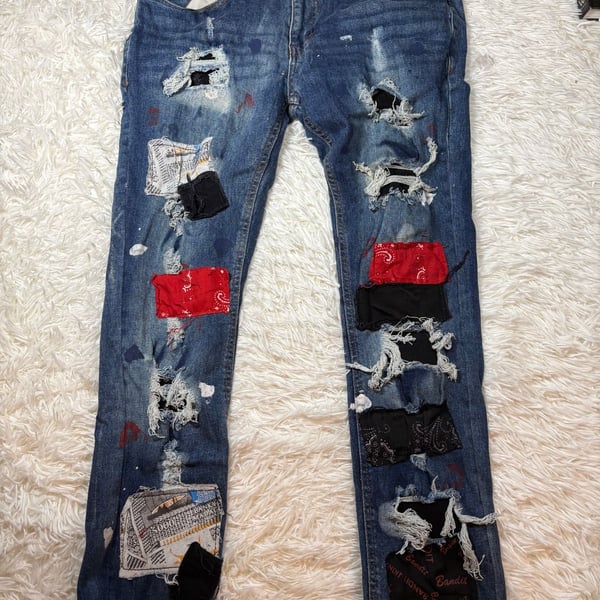 FWRD Denim Bandit Patchwork Distressed Jeans Size 34 Blue