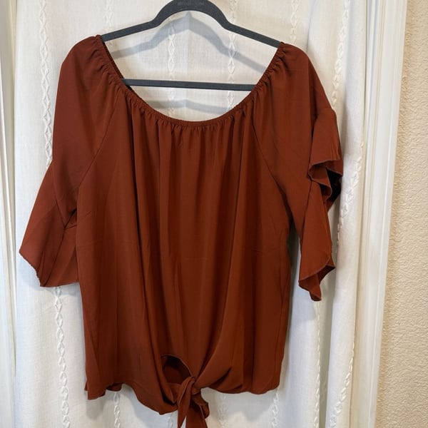 Lucky & More Womens XL Rust Brown Off Shoulder Blouse Ruffle Sleeve Tie Front