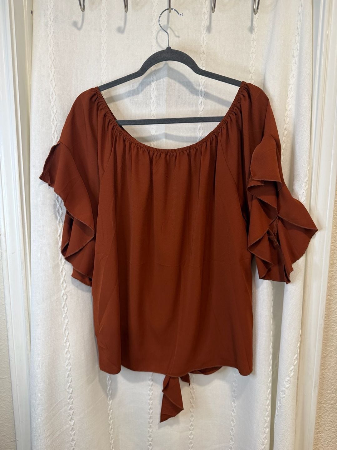 Lucky & More Womens XL Rust Brown Off Shoulder Blouse Ruffle Sleeve Tie Front 3