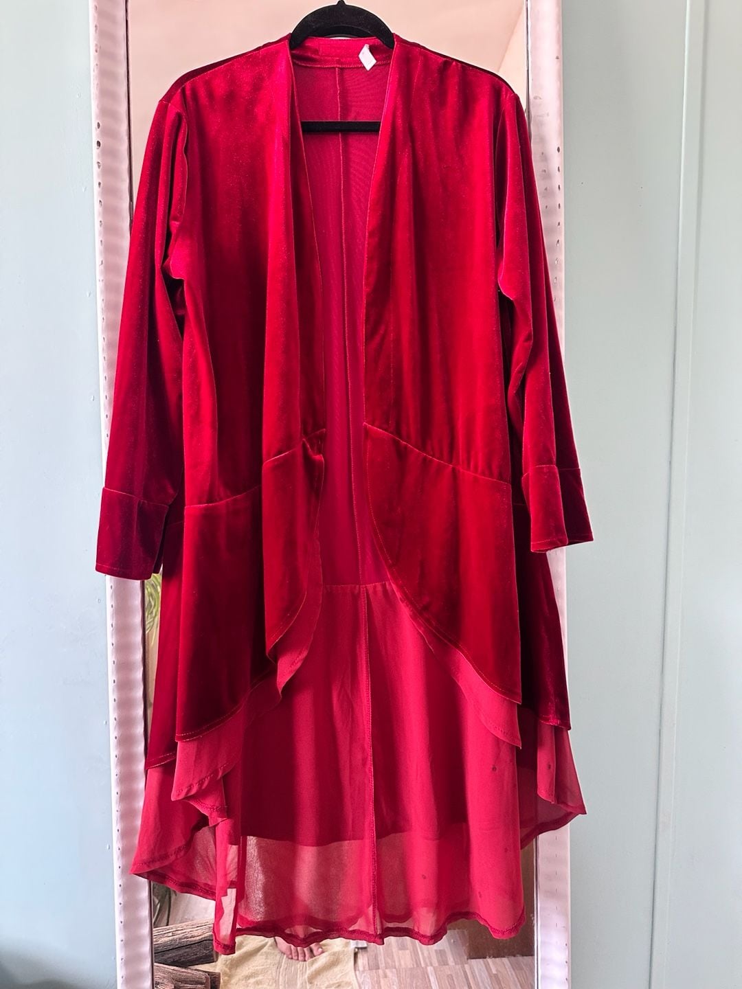 R.Vivimos Velvet Duster Cardigan Size XL US 16/18 Red Chiffon Hem 2
