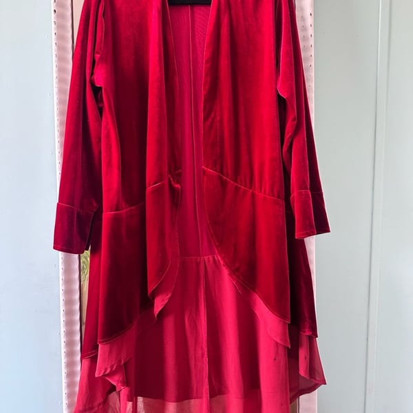 R.Vivimos Velvet Duster Cardigan Size XL US 16/18 Red Chiffon Hem
