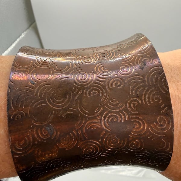 Handmade Copper Swirl Etched Wide Cuff Bracelet