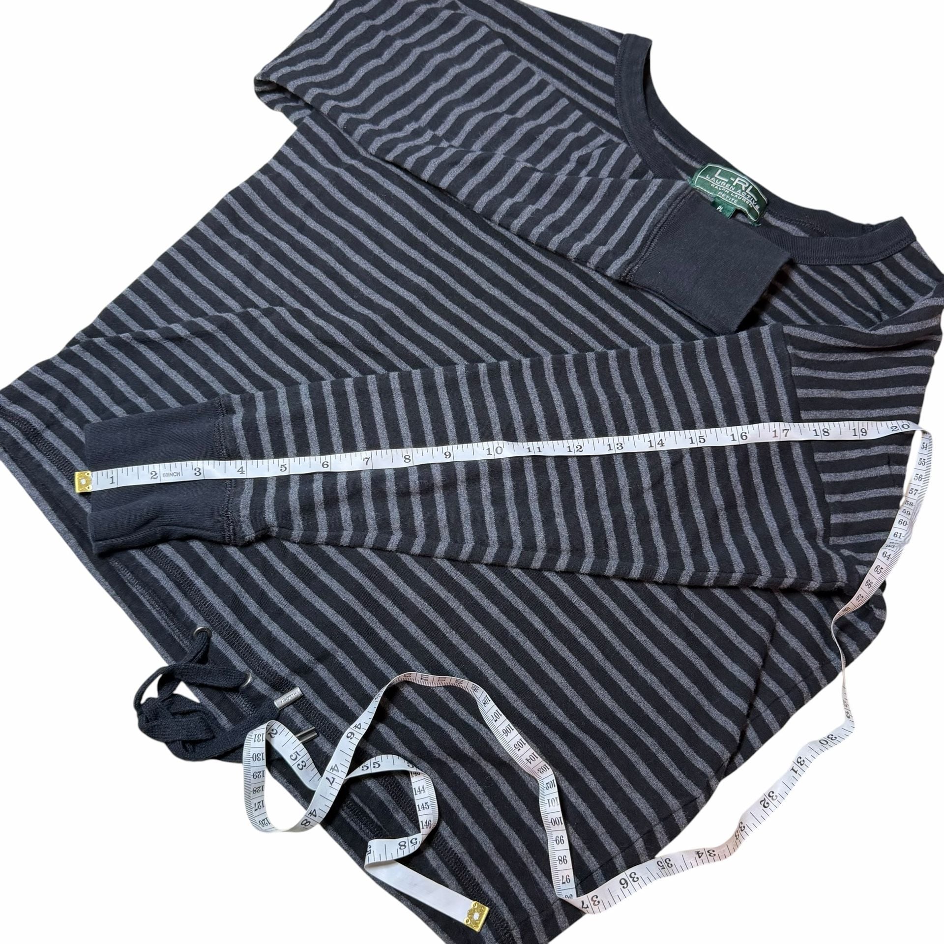 Lauren Active Ralph Lauren Long Sleeve Top Size PL Striped Black Gray 7