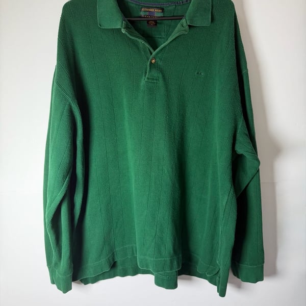 Vintage 90s Alexander Julian Colours Green Ribbed Polo Shirt XL Long Sleeve