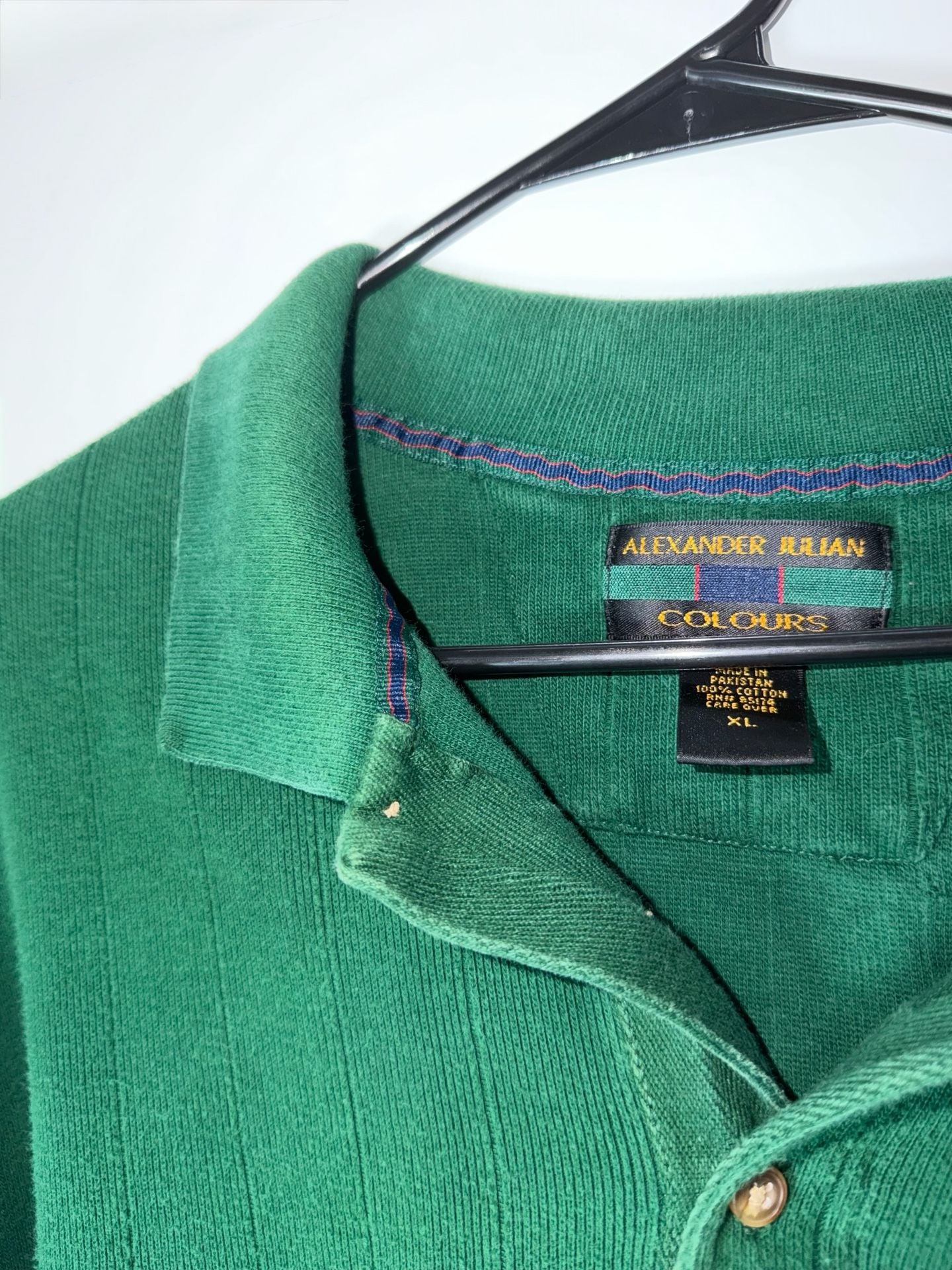 Vintage 90s Alexander Julian Colours Green Ribbed Polo Shirt XL Long Sleeve 13