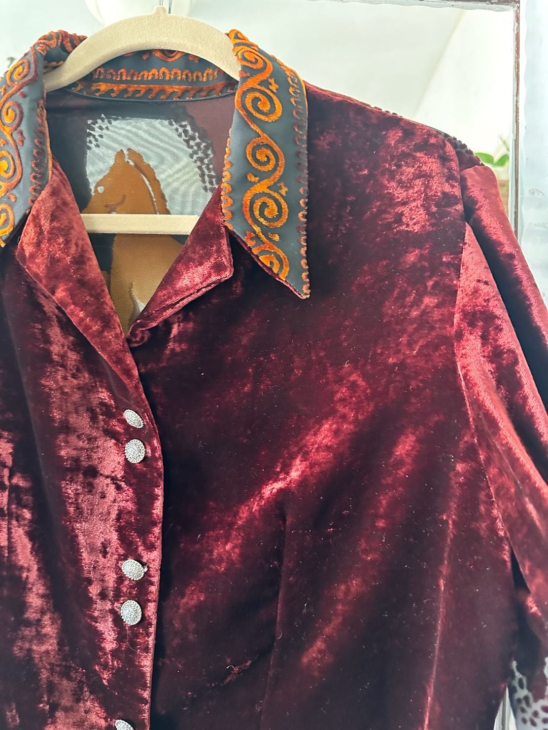 Longhorn By Niver Western Wear Velvet Shirt Size Large Red 7