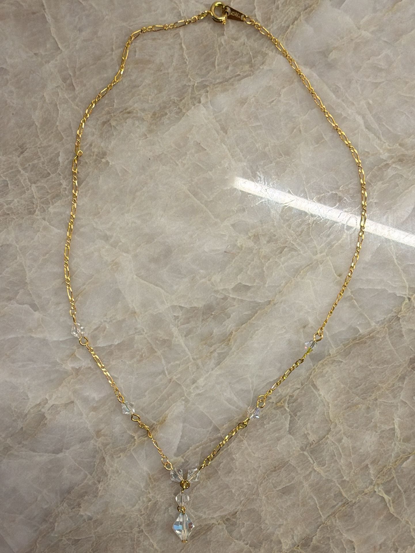Vintage Gold Tone Figaro Chain Necklace With Clear Crystals Made In Korea 3