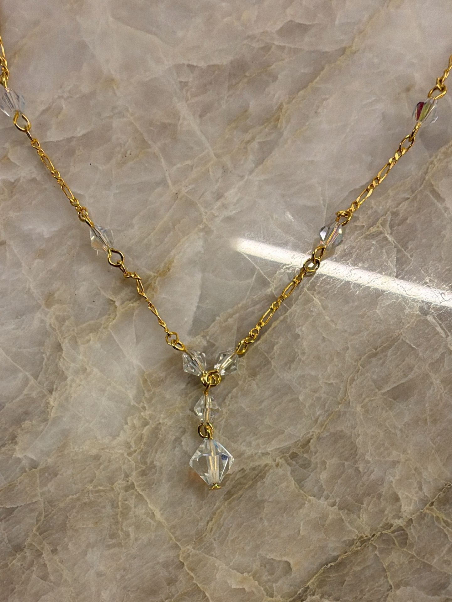 Vintage Gold Tone Figaro Chain Necklace With Clear Crystals Made In Korea 2