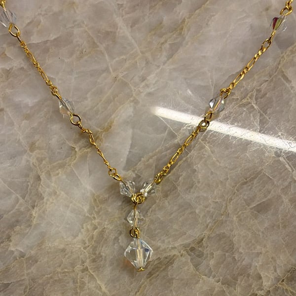 Vintage Gold Tone Figaro Chain Necklace With Clear Crystals Made In Korea