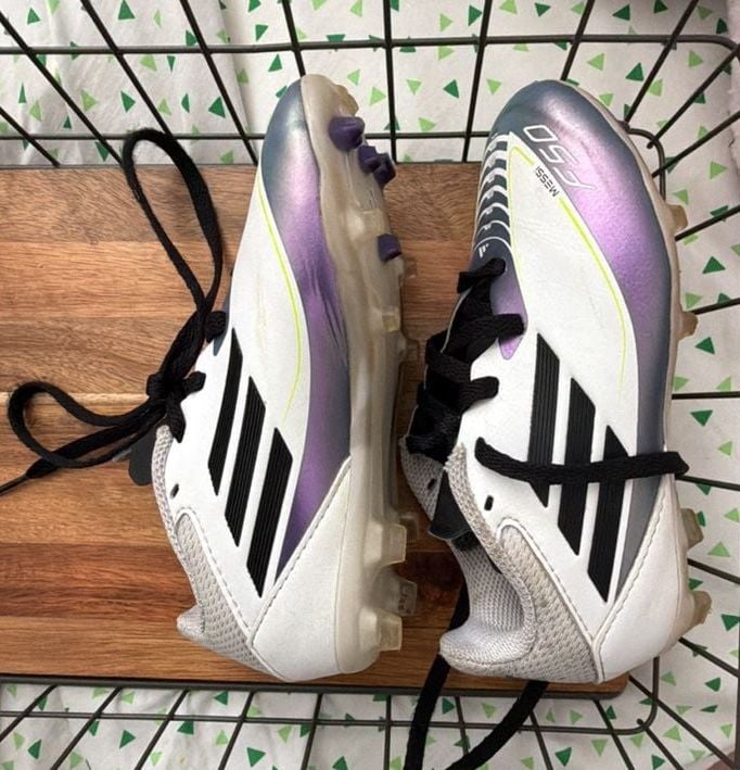 Kids Adidas F50 Messi Firm Ground Cleats Size 11K White Purple 3