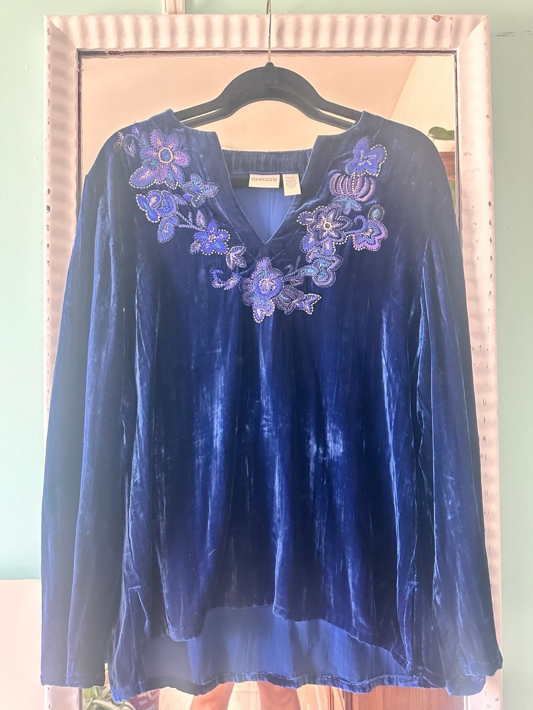 Chico'S Velvet Embroidered Tunic Size 2 Royal Blue Rayon Silk 2
