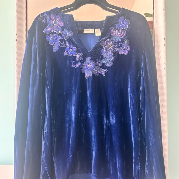 Chico'S Velvet Embroidered Tunic Size 2 Royal Blue Rayon Silk