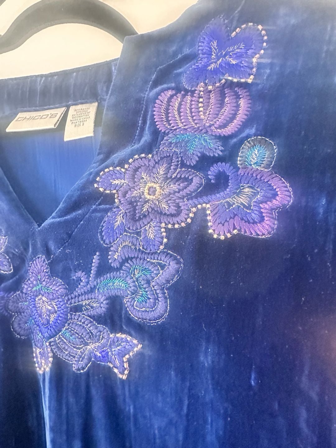 Chico'S Velvet Embroidered Tunic Size 2 Royal Blue Rayon Silk 6