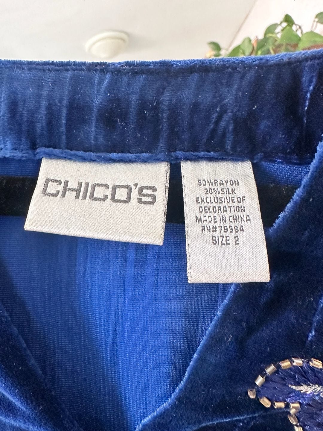 Chico'S Velvet Embroidered Tunic Size 2 Royal Blue Rayon Silk 7