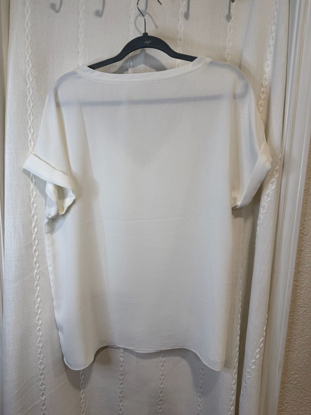 EE:Some Womens Large White V Neck Blouse Short Sleeve High Low Hem Work Top 3