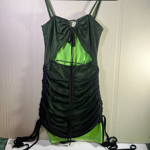 Dolls Kill Green Mesh Ruched Cut Out Mini Dress