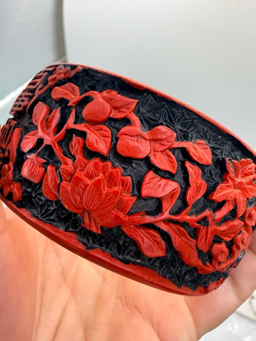 Chinese Carved Cinnabar Bangle Bracelet Size 8+ Inch 9