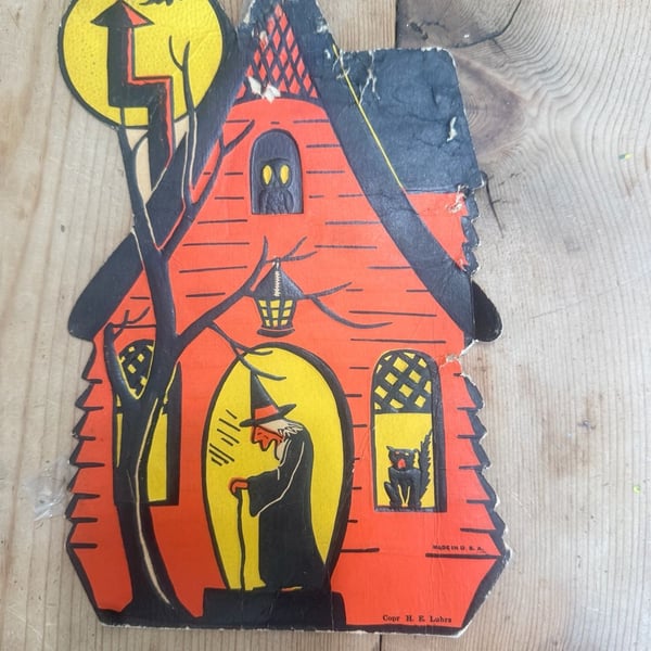 H. E. Luhrs Vintage Diecut Halloween Witch House Decoration