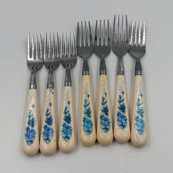 Unbranded Blue Floral Stainless Steel Forks Lot Of 7