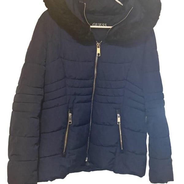 Guess Puffer Jacket Size L Blue Faux Fur Hood