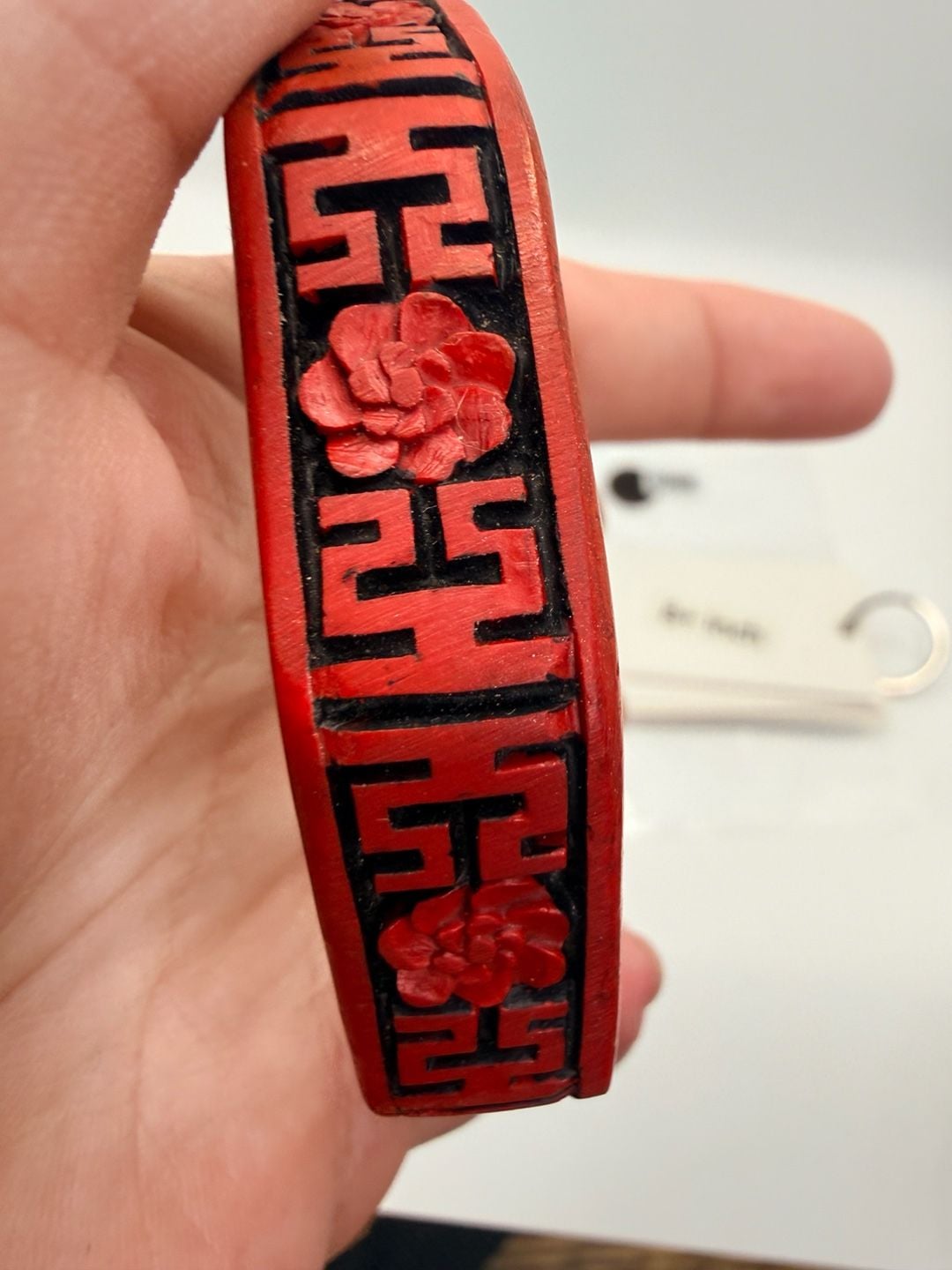 Vintage Chinese Carved Cinnabar Bangle Size 8+ Inch 1