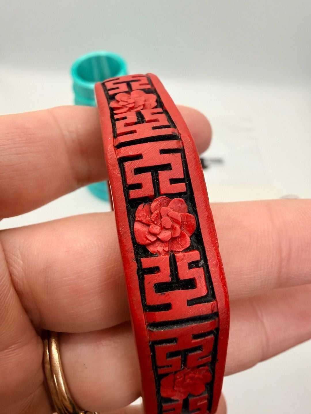 Vintage Chinese Carved Cinnabar Bangle Size 8+ Inch 2