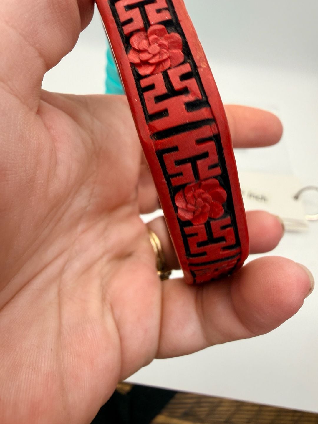 Vintage Chinese Carved Cinnabar Bangle Size 8+ Inch 4