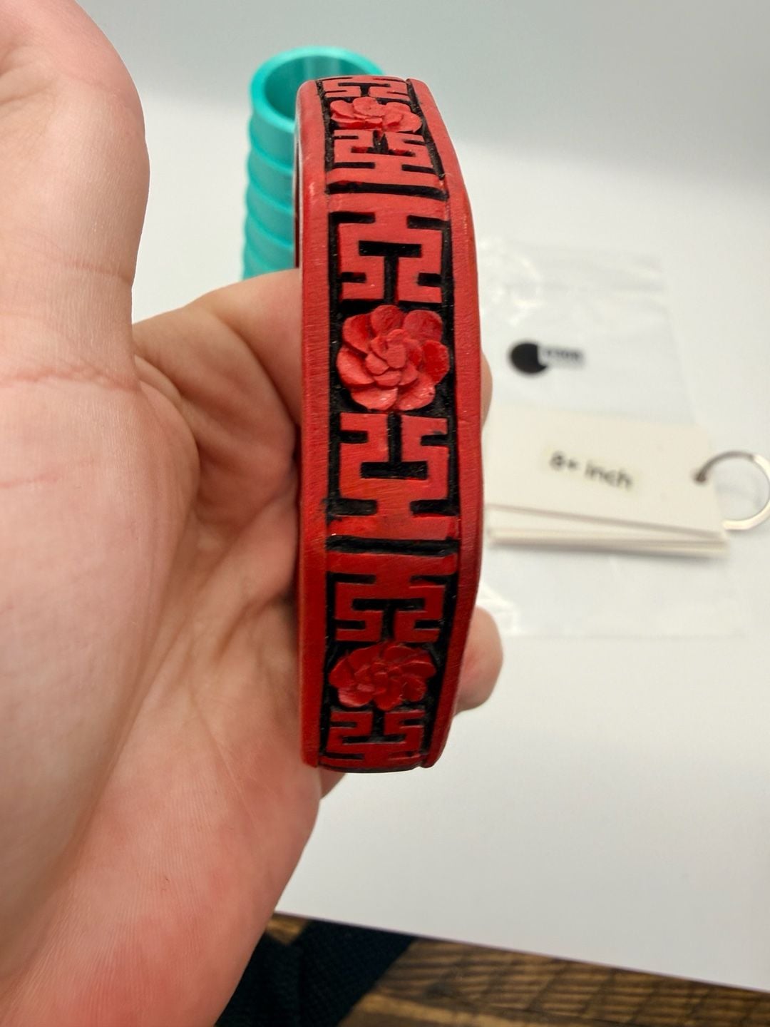 Vintage Chinese Carved Cinnabar Bangle Size 8+ Inch 5