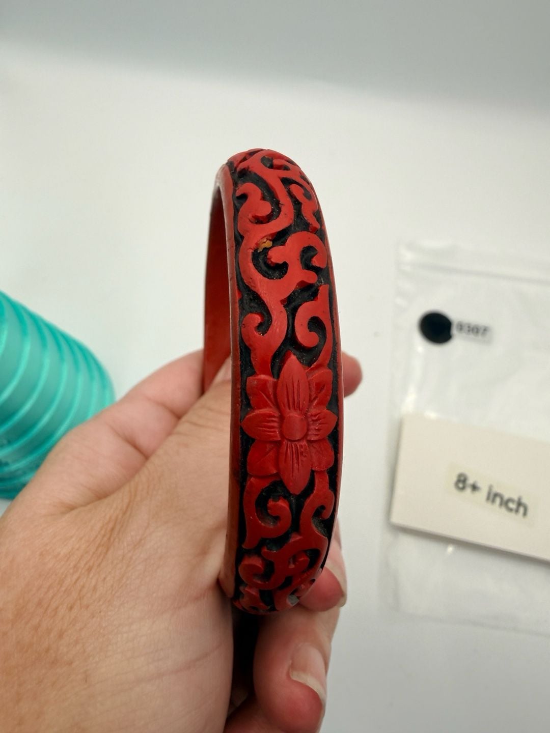Vintage Carved Cinnabar Lacquer Floral Bangle Bracelet 2