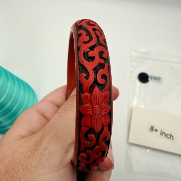 Vintage Carved Cinnabar Lacquer Floral Bangle Bracelet