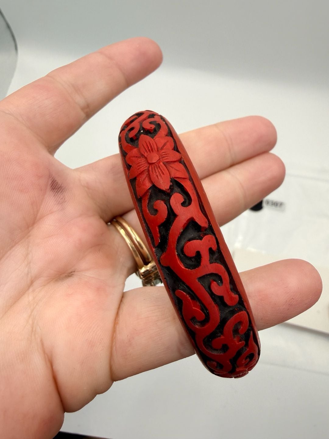 Vintage Carved Cinnabar Lacquer Floral Bangle Bracelet 5