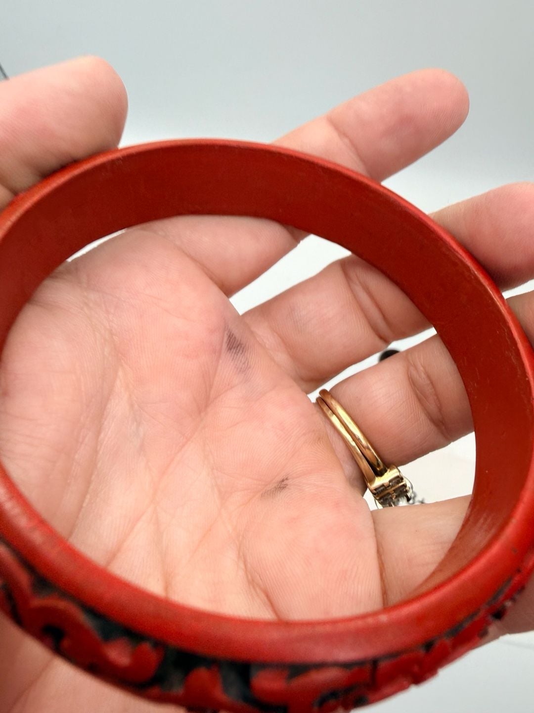 Vintage Carved Cinnabar Lacquer Floral Bangle Bracelet 7