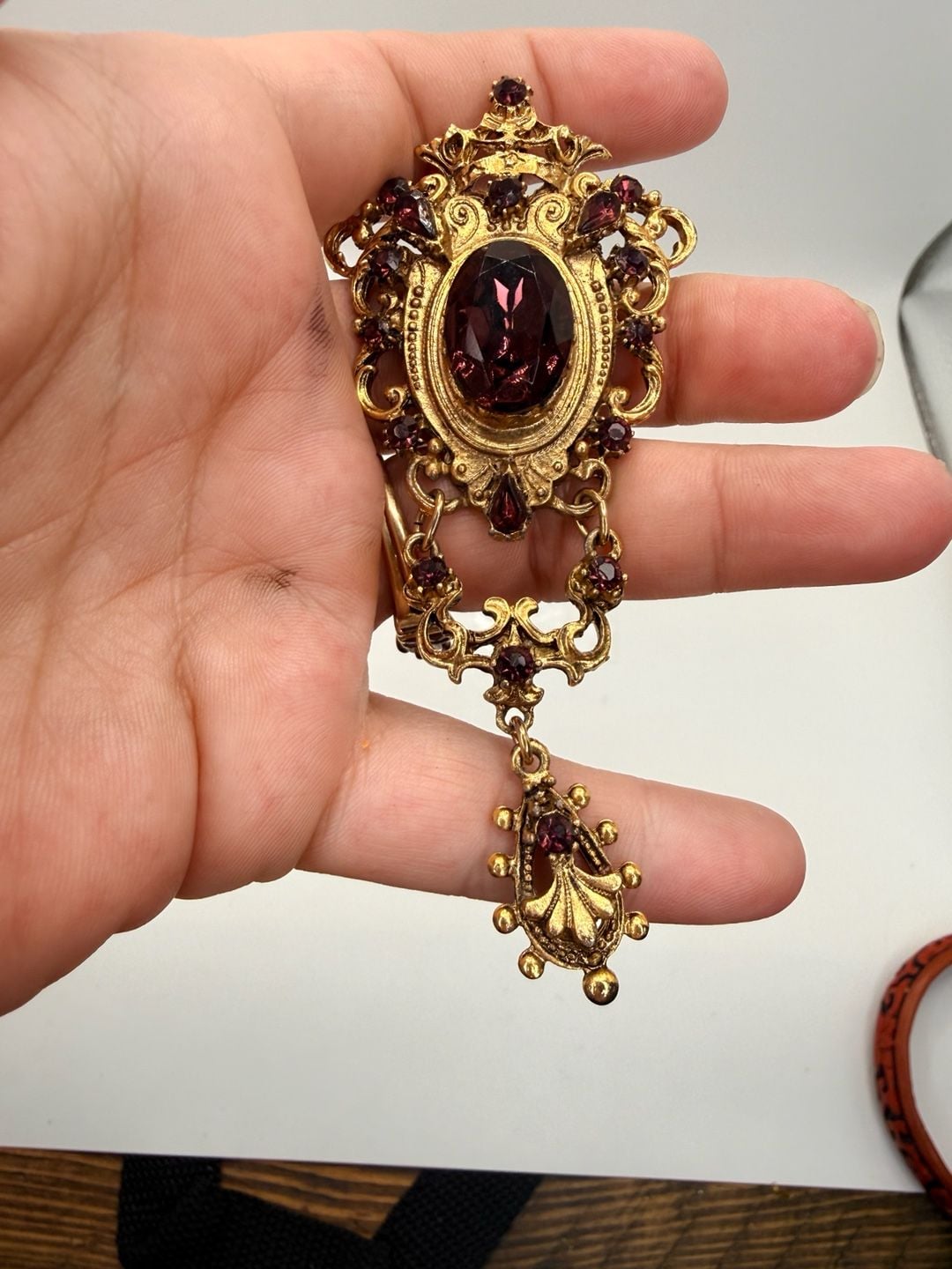 Vintage Victorian Revival Purple Rhinestone Chatelaine Brooch 2