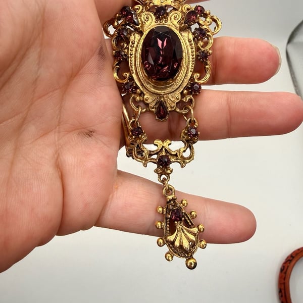 Vintage Victorian Revival Purple Rhinestone Chatelaine Brooch
